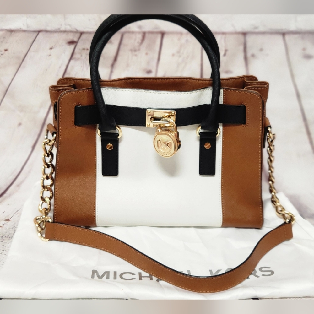 Michael Kors Hamilton Brown and White Satchel Bag
